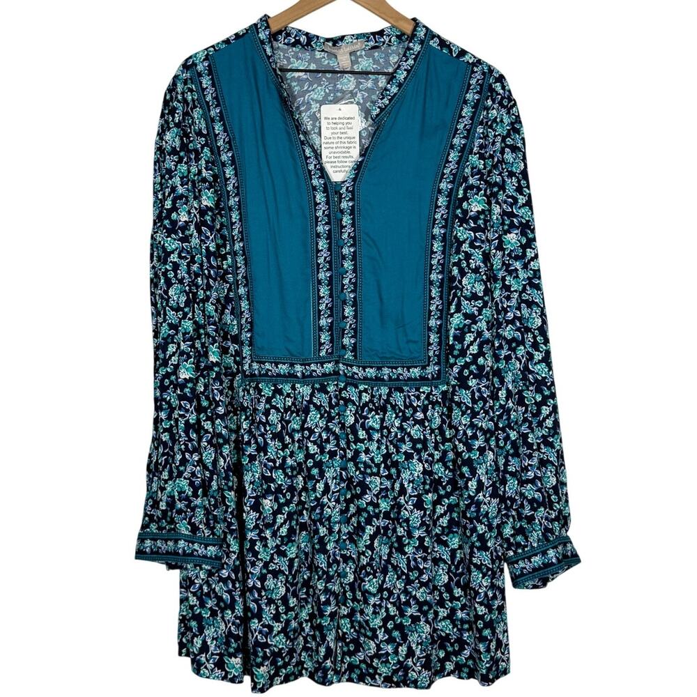 Woman‎ Within Peasant Blouse Wmns 22/24 Teal Blue White Floral Boho Cottage NWT